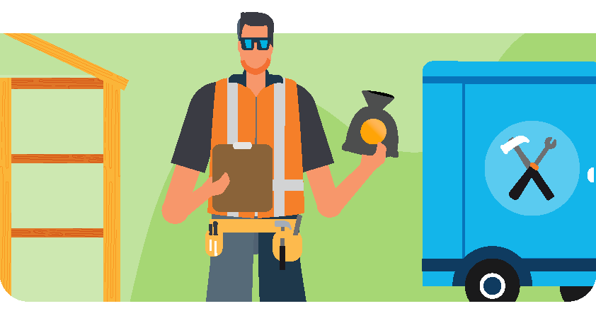 A person in construction holds a clipboard and bag of money.