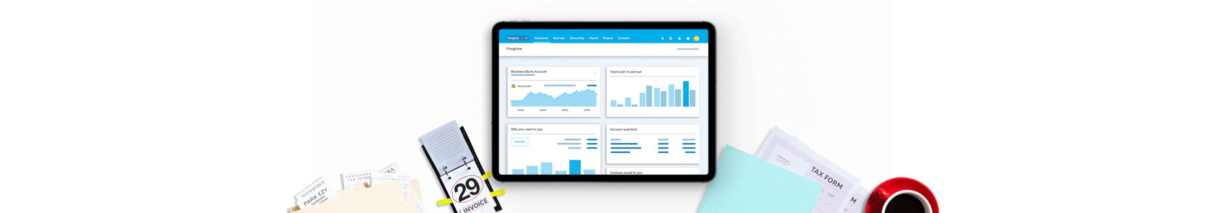 The Xero dashboard on a tablet shows bank balances, money in and out in recent months, and the amount of bills to be paid.