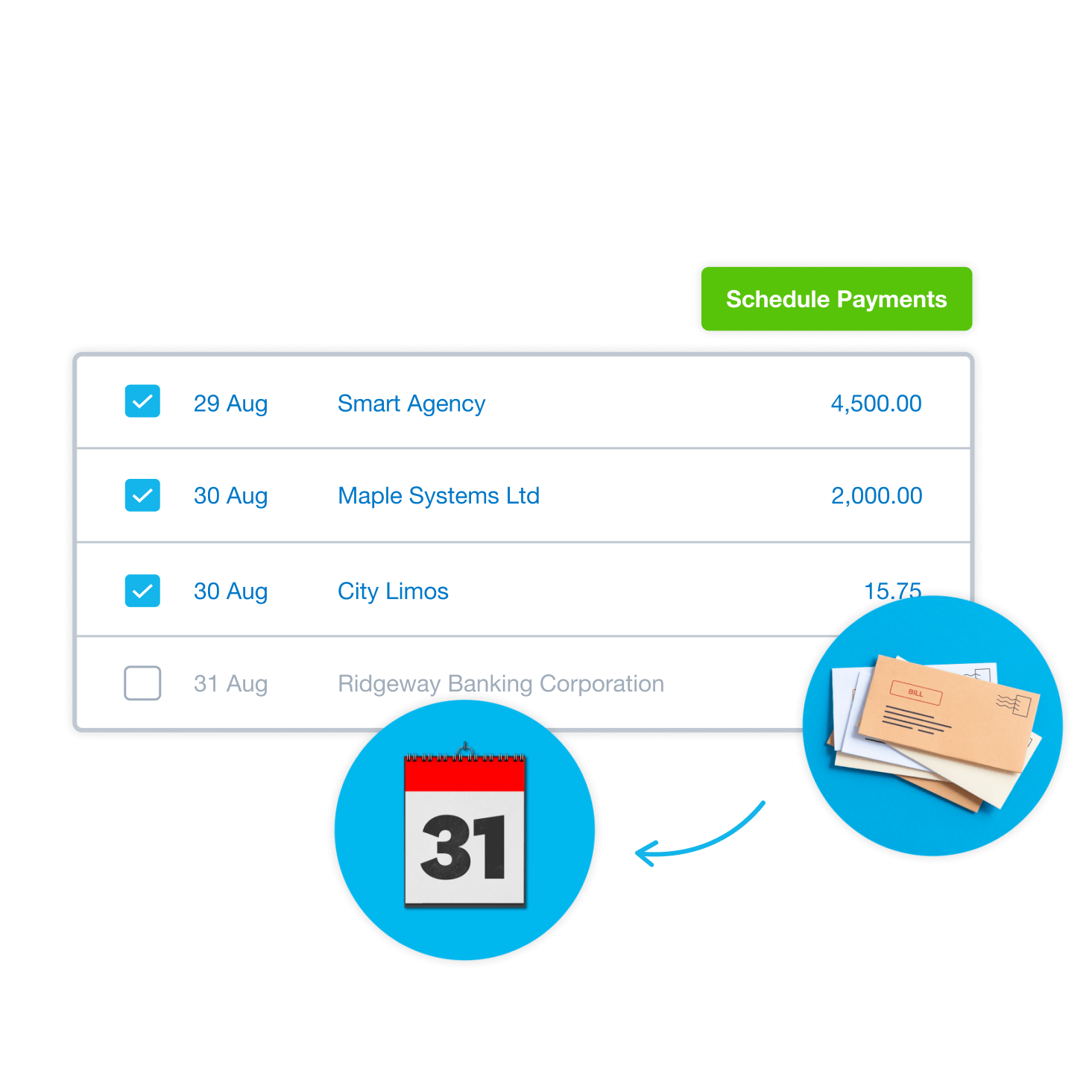 Scheduled payments show on a screen, ready for processing when they’re due.