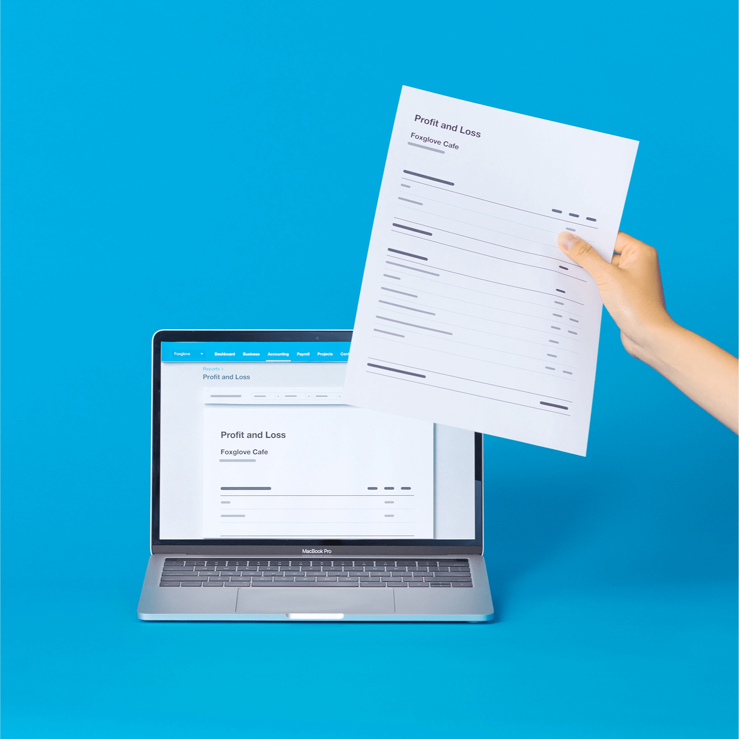 A profit and loss report displays in Xero on a laptop and a copy is printed as well.