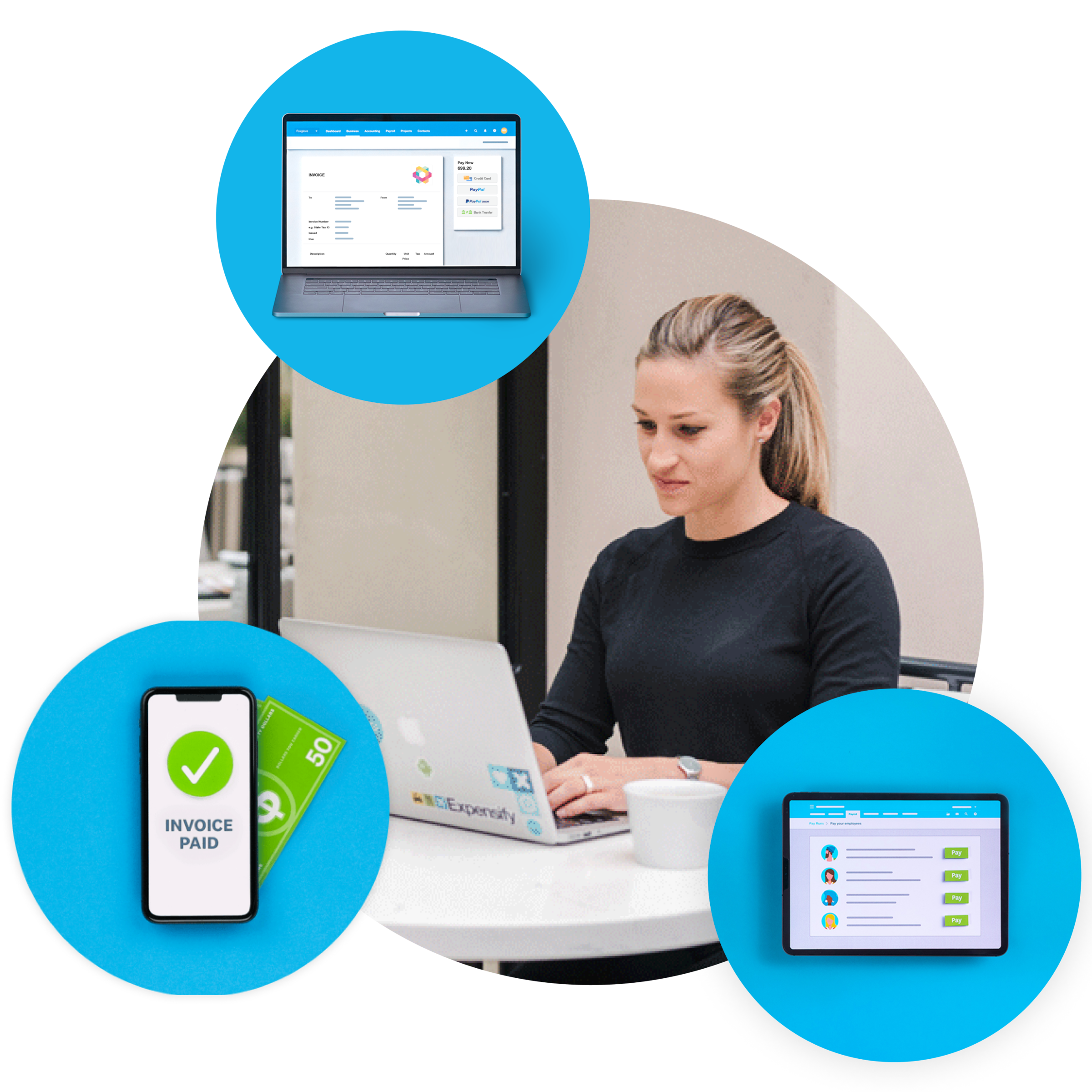 Accounting software for Mac and PC users shown on a laptop, mobile phone and tablet.