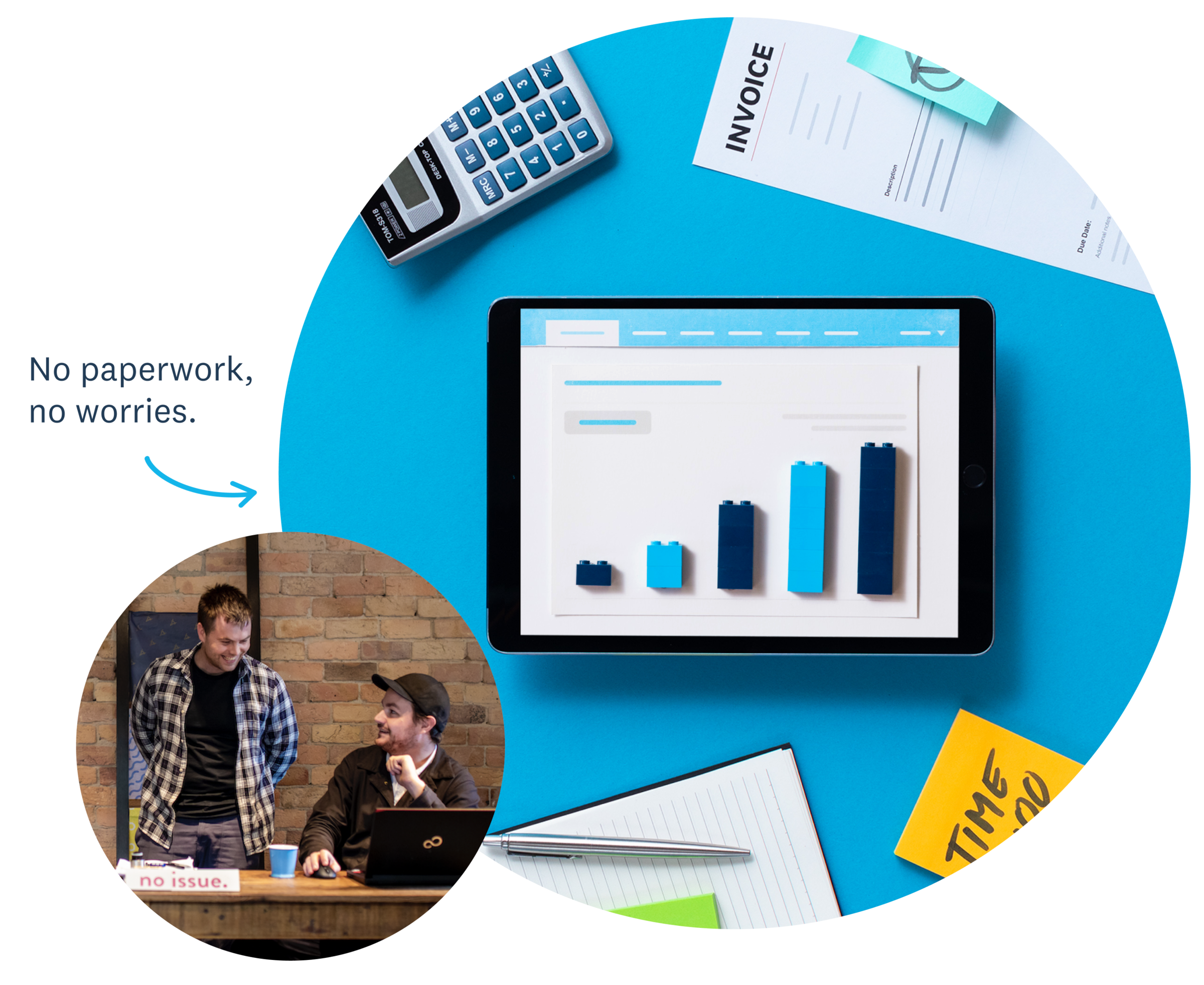 Small business accounting software for Mac and PC users shown on a tablet. Plus two male business owners discussing admin.
