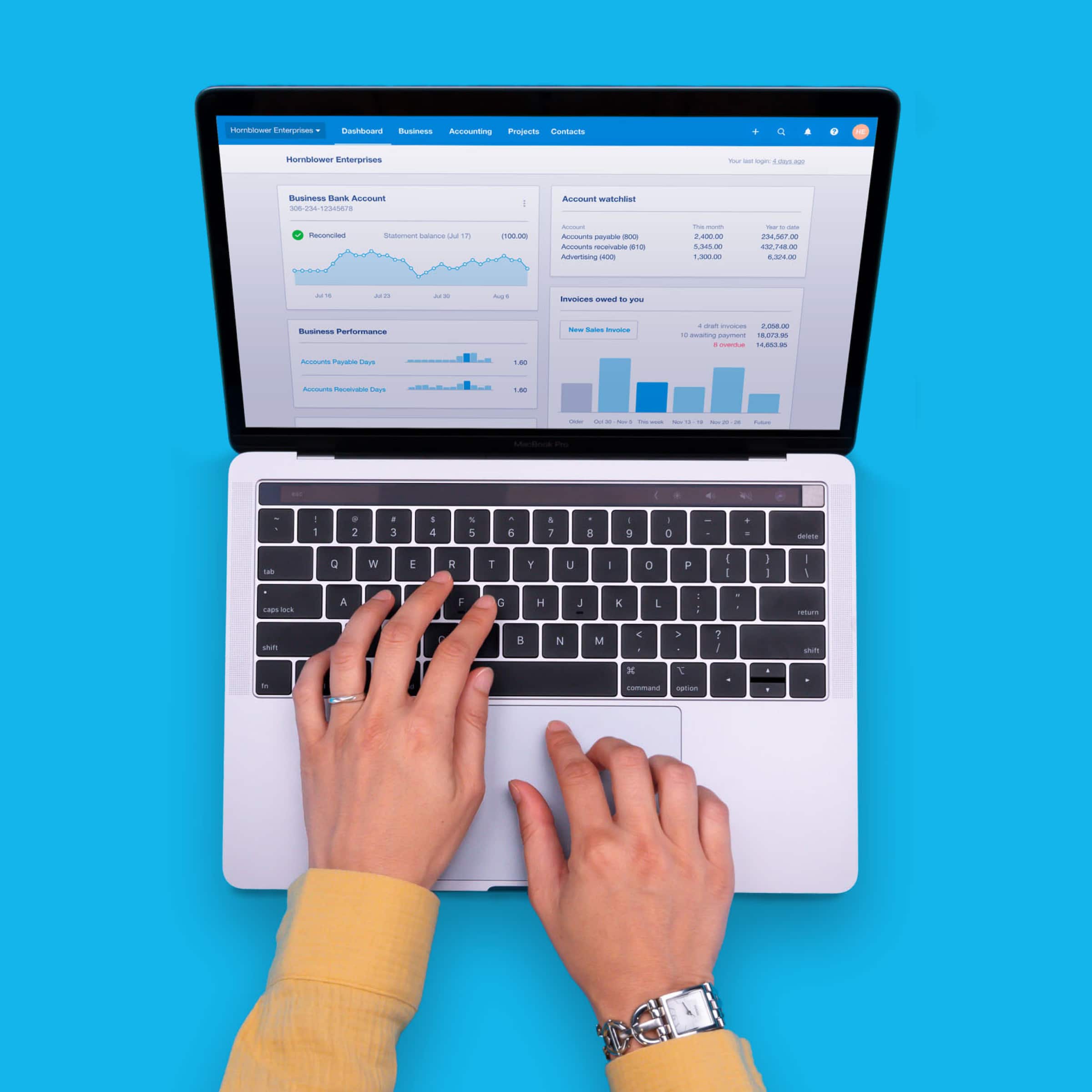 Mac accounting software user typing on laptop.