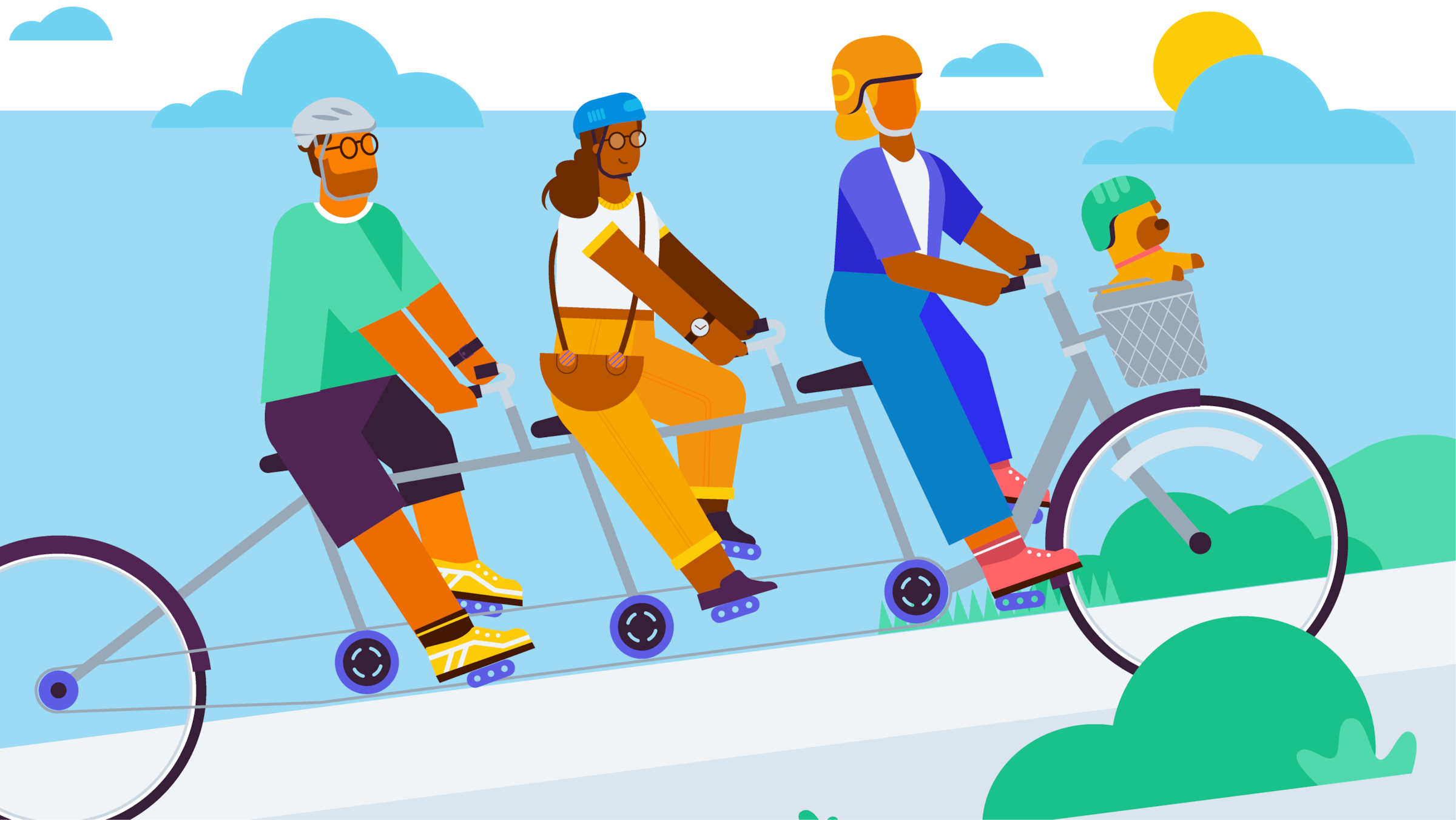  A small business team riding a tandem bicycle together