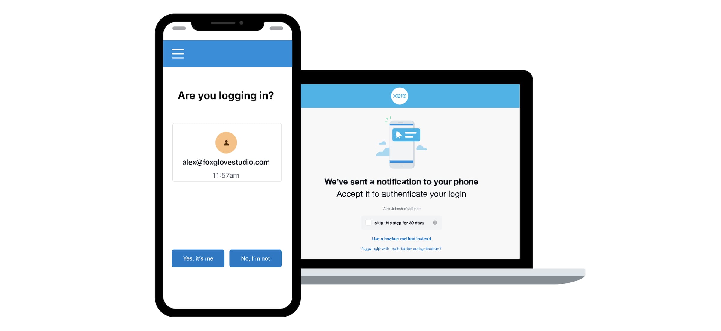 After logging in to Xero on your laptop, Xero Verify sends a notification to your mobile device to verify the login action.