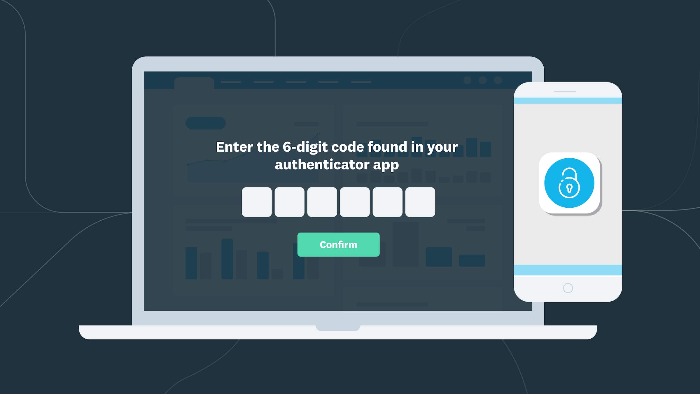 A message on a laptop says, ‘Enter the 6-digit code found in your authenticator app’. A mobile phone app generates the code.