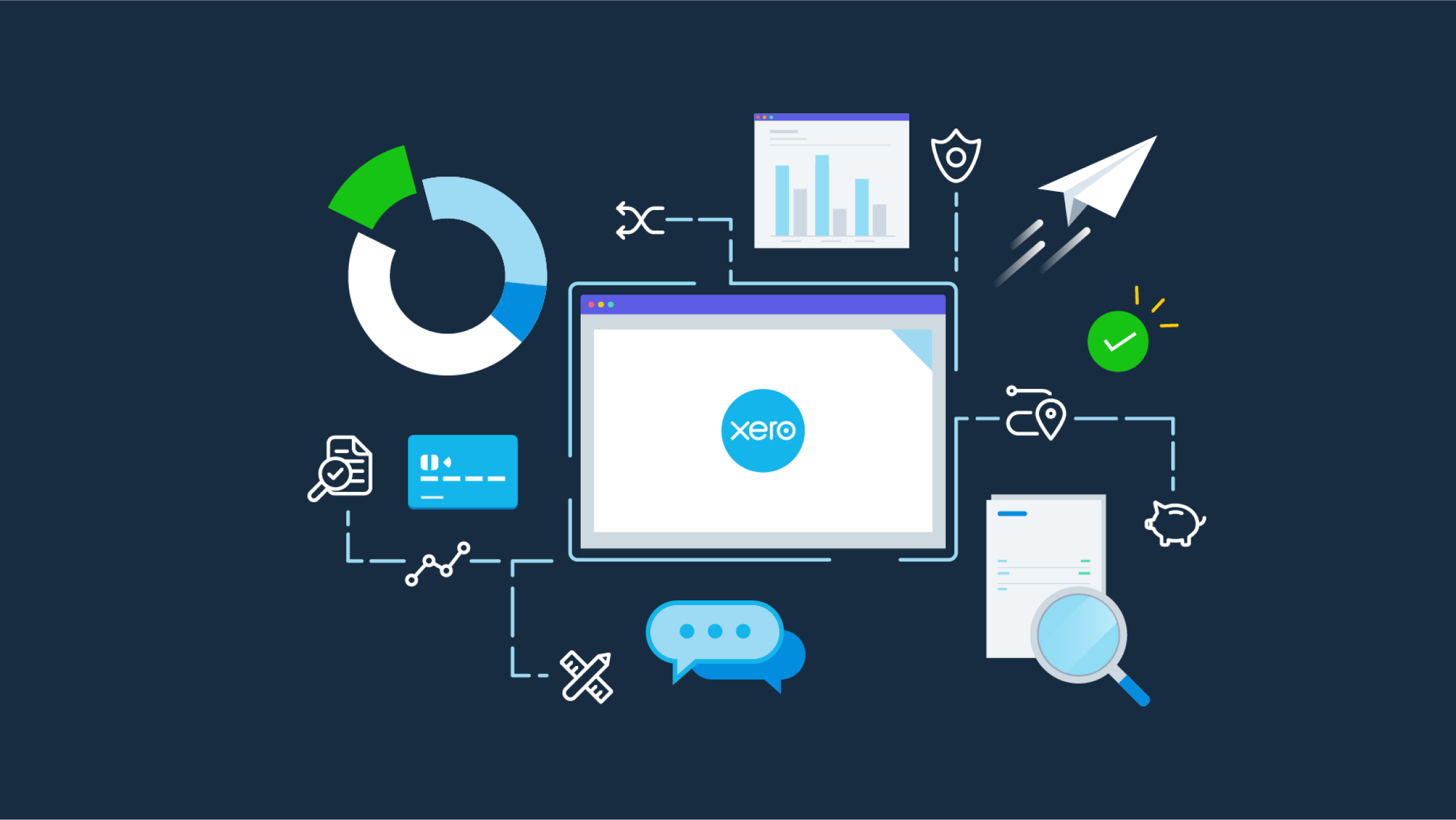 Illustrated graphics of a Xero computer screen with graphs, speech bubbles, paper documents and paper planes around it.