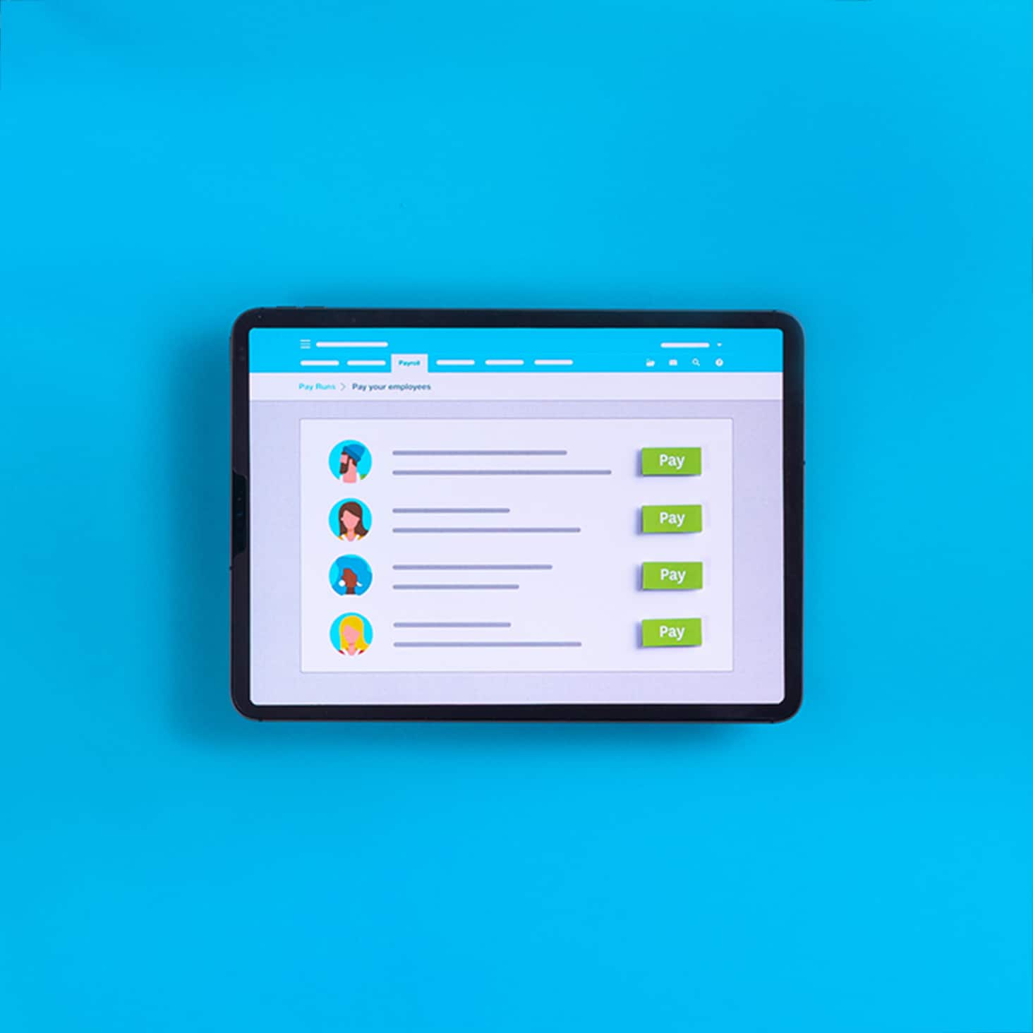A list of employees to pay displays in Xero on a laptop.