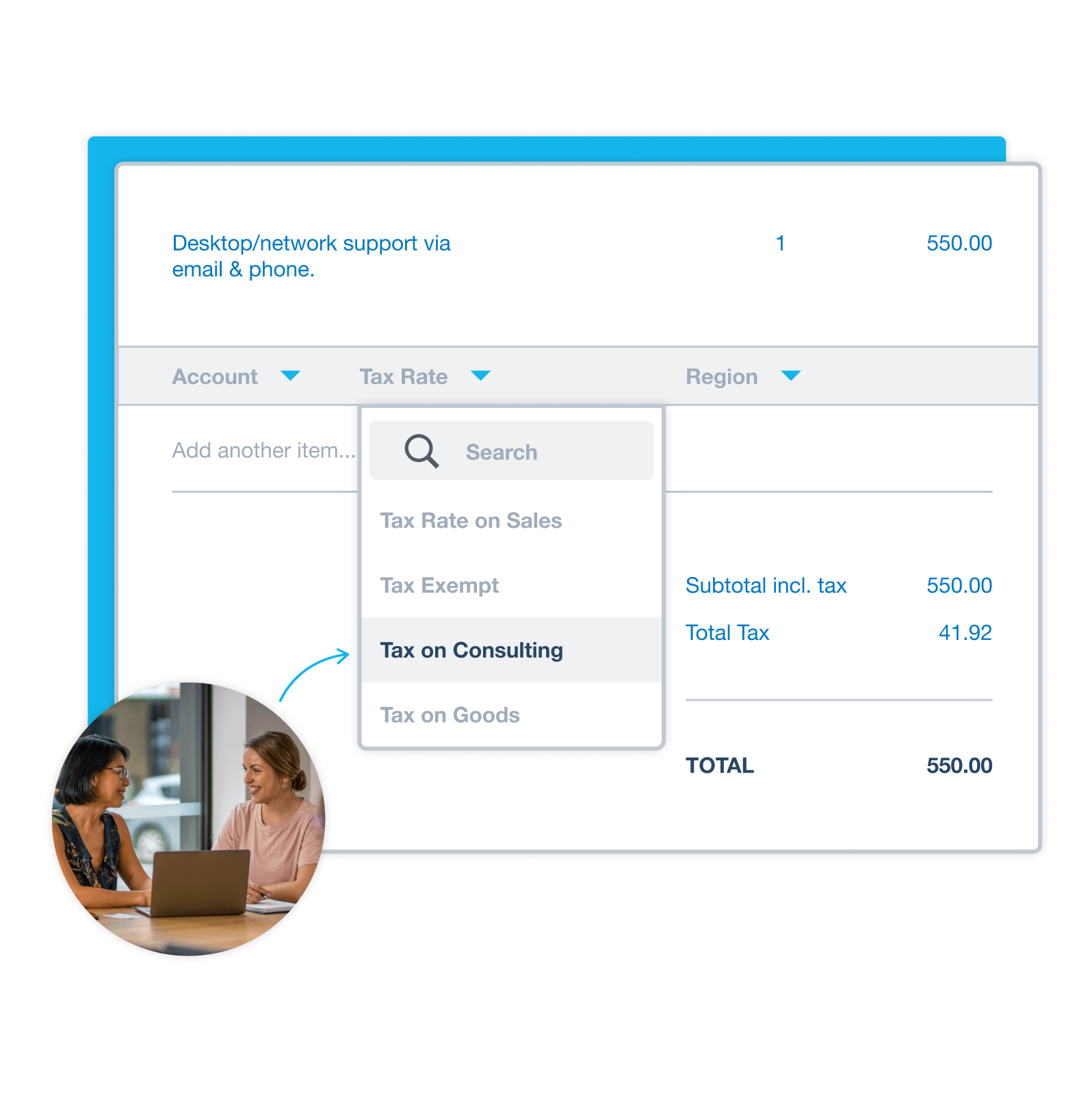 Sales tax software showing automatic calculations for a business.