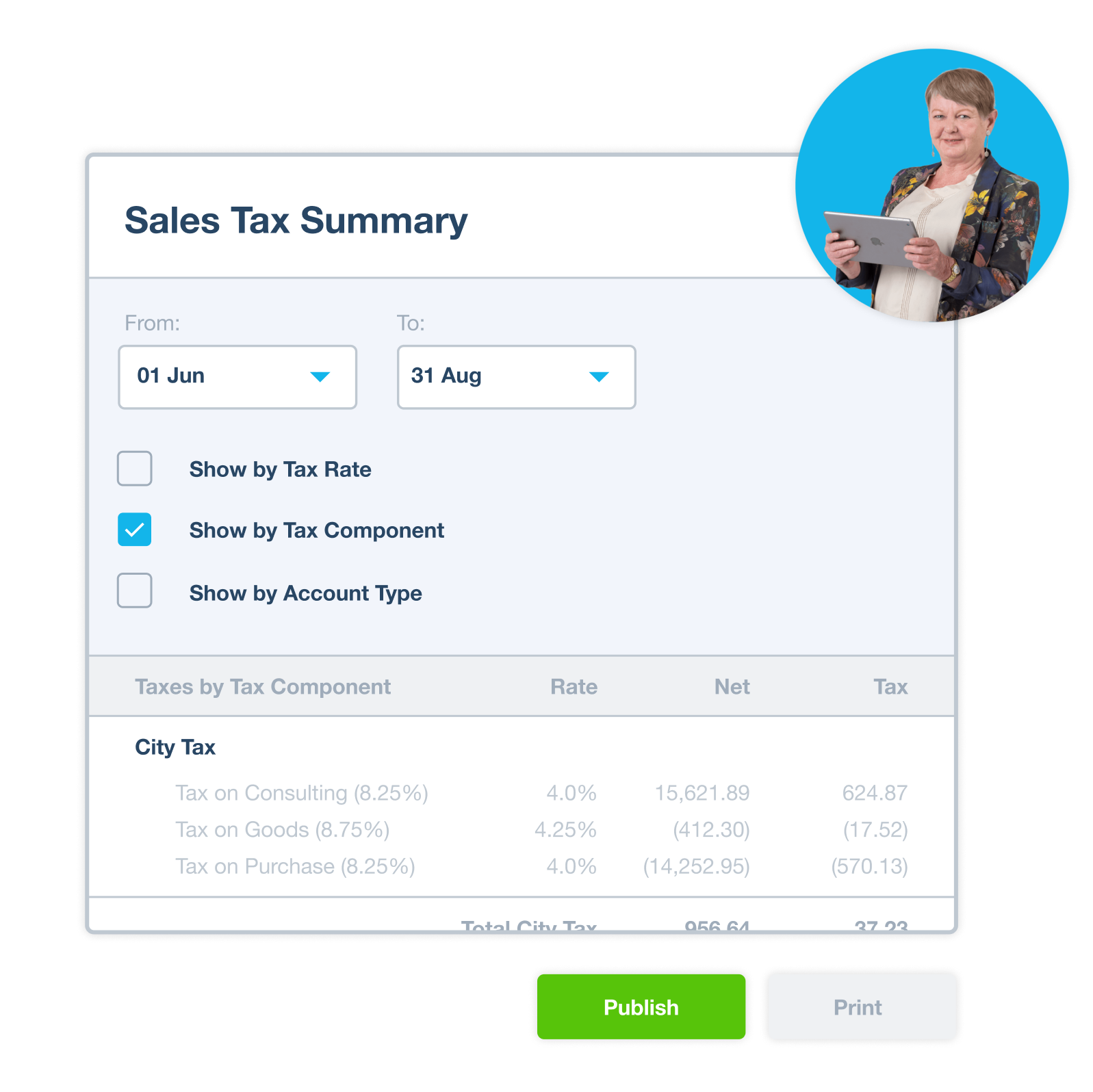 Sales tax summary with tax component highlighted. Shows breakdown of tax on consulting, tax on goods and tax on purchase.