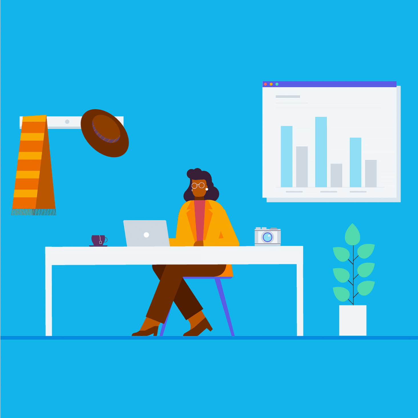 A business owner sitting at their computer, at a desk, with a visual representation of the Xero screen above their head.