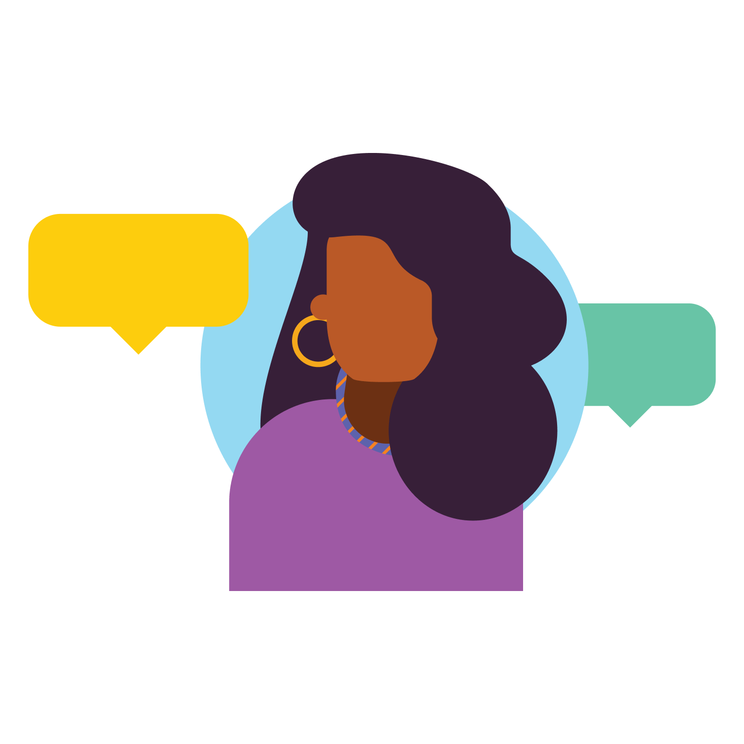 A business owner with speech balloons around their head indicating a discussion between them and their advisor.