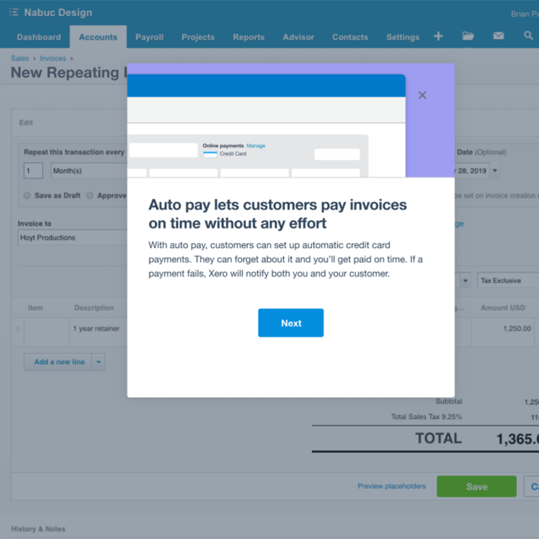 Payment screenshot in Xero