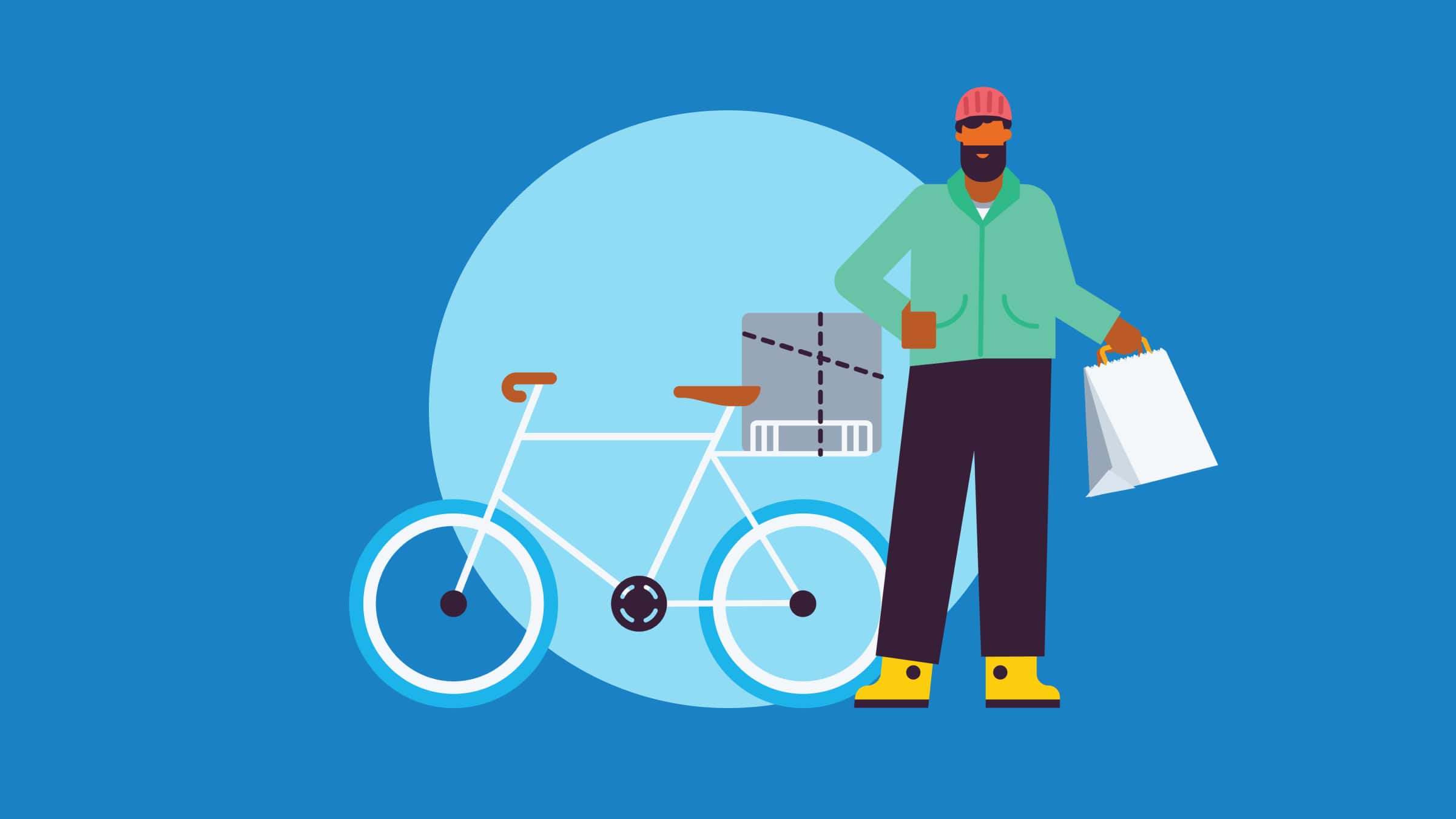 A worker uses a bicycle to run errands.