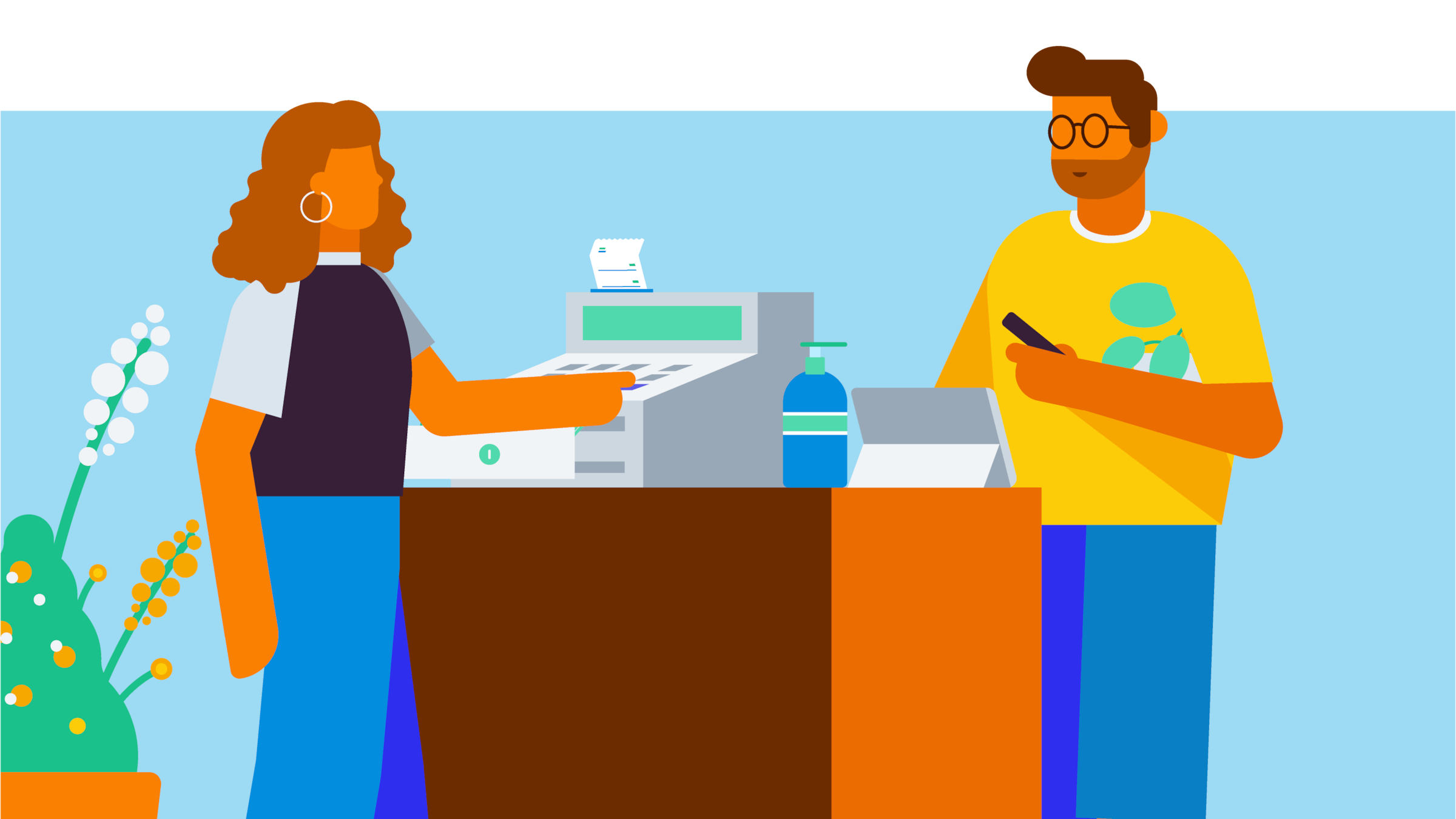 A small business owner handling a customer complaint over the counter