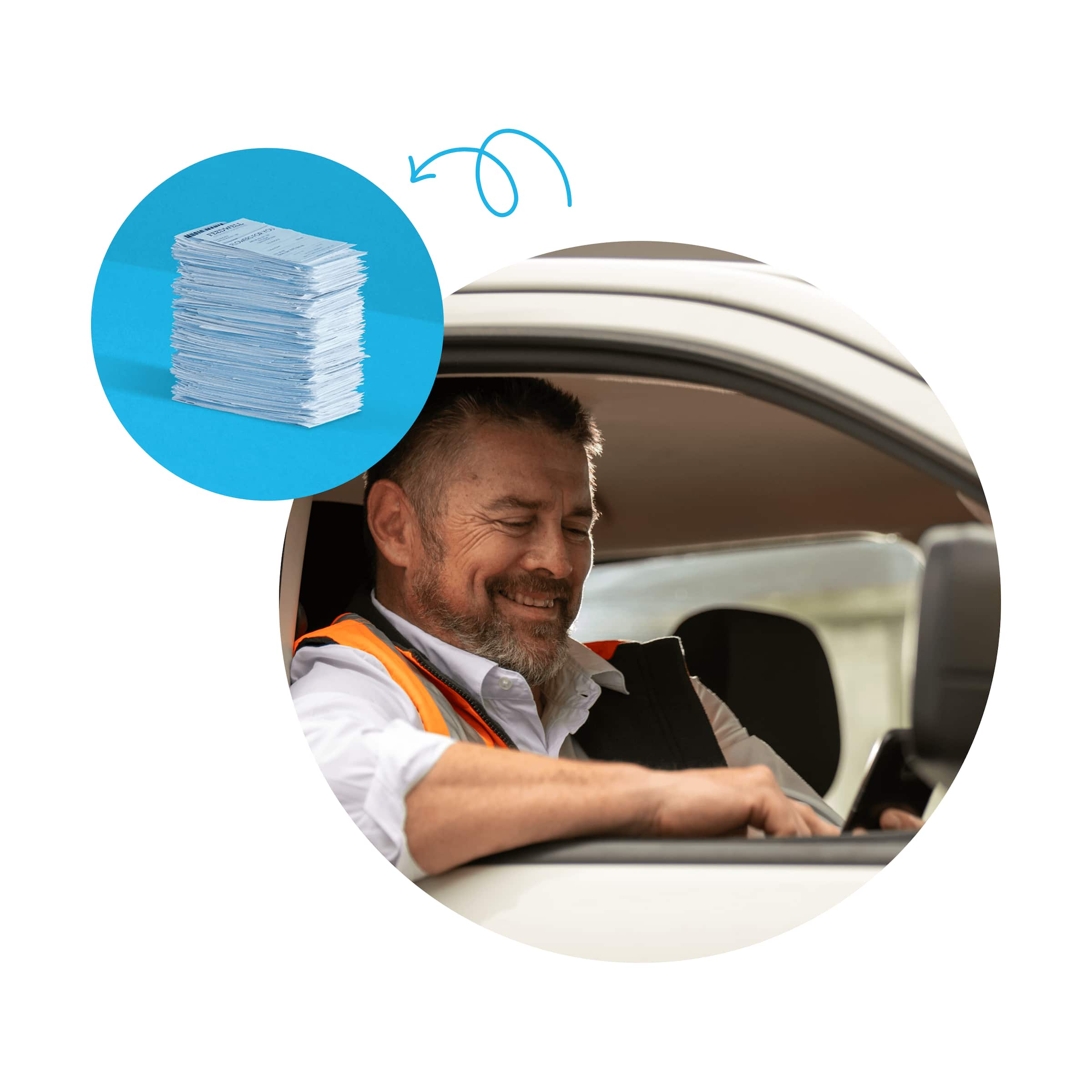 An employee sits inside their car using their mobile phone to track their mileage using Xero’s mileage tracker app.