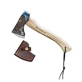 Berry&Bird Camping Axe, 12.5’’ Small Axe Hatchet with Wooden Short Handle & Leather Sheath Mini Hand Axes for Cutting & Splitting Forged Carbon Steel Blade Outdoor Manual Tool
