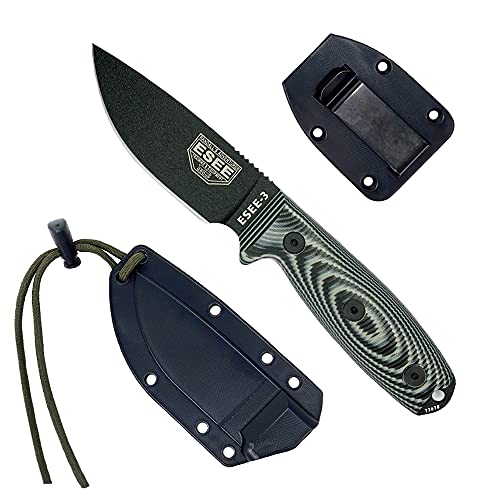 ESEE-3 Fixed Blade Knife with Sheath, 1095 Carbon Steel, Outdoor Knife with 3D Contoured Handle, Made in USA, (Black Blade, Gray/Black G-10 3D Handle)