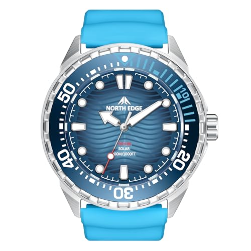 NORTH EDGE Solar Powered Dive Watch Women Men’s Watch, 1000FT/300M Water Resistance, Luminous Dial, Silicone Strap