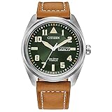 Citizen Men's Eco-Drive Weekender Garrison Field Watch in Super Titanium with Brown Leather Strap, Green Dial (Model: BM8560-02X)