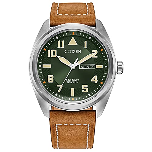 Citizen Men's Eco-Drive Weekender Garrison Field Watch in Super Titanium with Brown Leather Strap, Green Dial (Model: BM8560-02X)