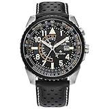 Citizen Men's Eco-Drive Promaster Air Nighthawk Watch, Black Leather Strap, Black Dial, Dual Time (Model: BJ7137-07E)