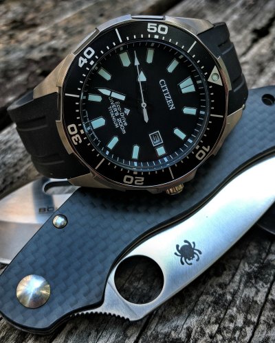 My EDC With A Spyderco and Citizen Titanium Watch