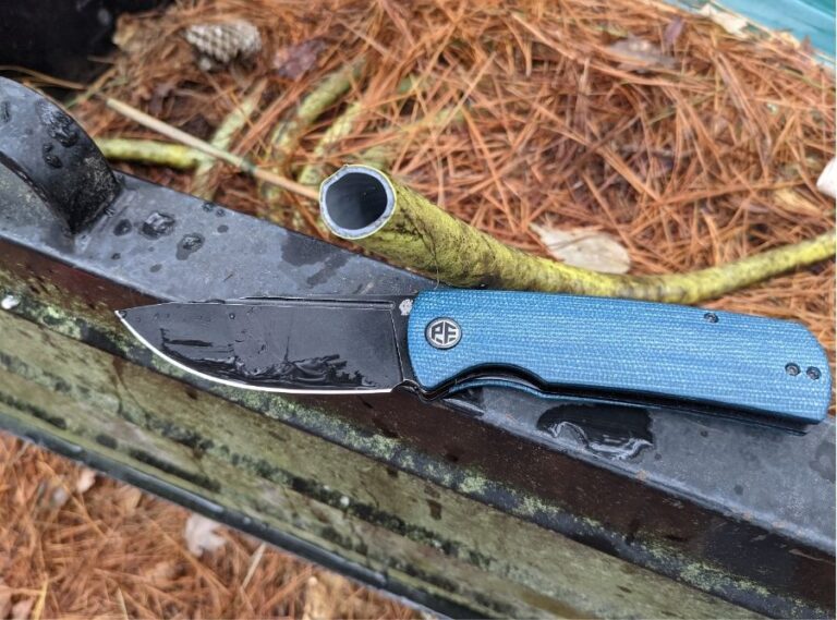 Petrified Fish Beluga PFP01 folding knife with blue handle and black blade outdoors