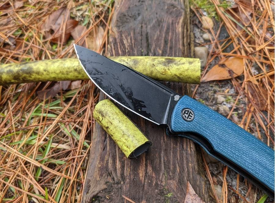 Petrified Fish Beluga PFP01 folding knife cutting wood with sharp K110 steel blade